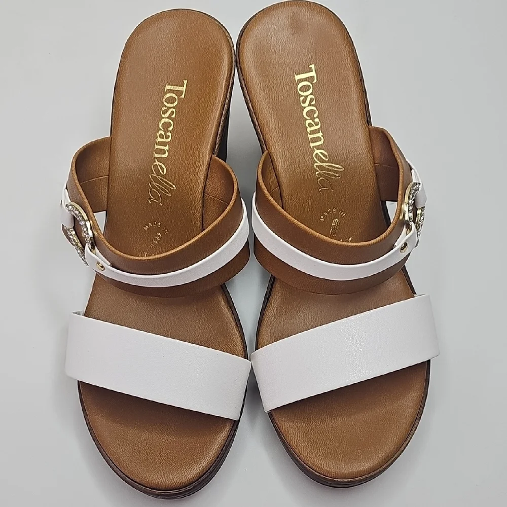 Toscanella Women's White and‎ Brown Wedge Sandals Size 7.5